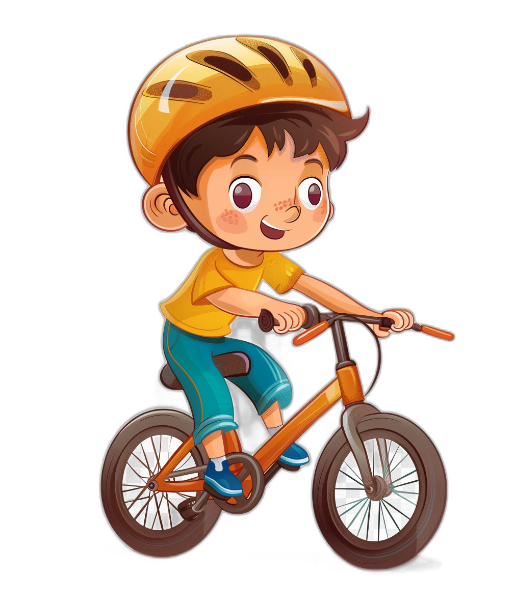 Cute cartoon boy riding a bike, vector illustration on a black background, simple design, cute character design, no shadows, simple lines, flat color, simple coloring book style, no shading, cartoon character art style, children’s book cover style, high quality, high resolution, high detail, sharp focus, intricate details, clean background, no noise or grain. The illustration is in the style of a simple cartoon.