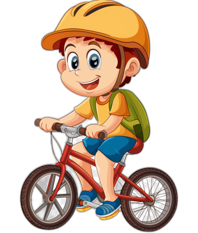 A cute cartoon boy wearing a helmet and shorts is riding a bicycle in the clip art style with a black background.