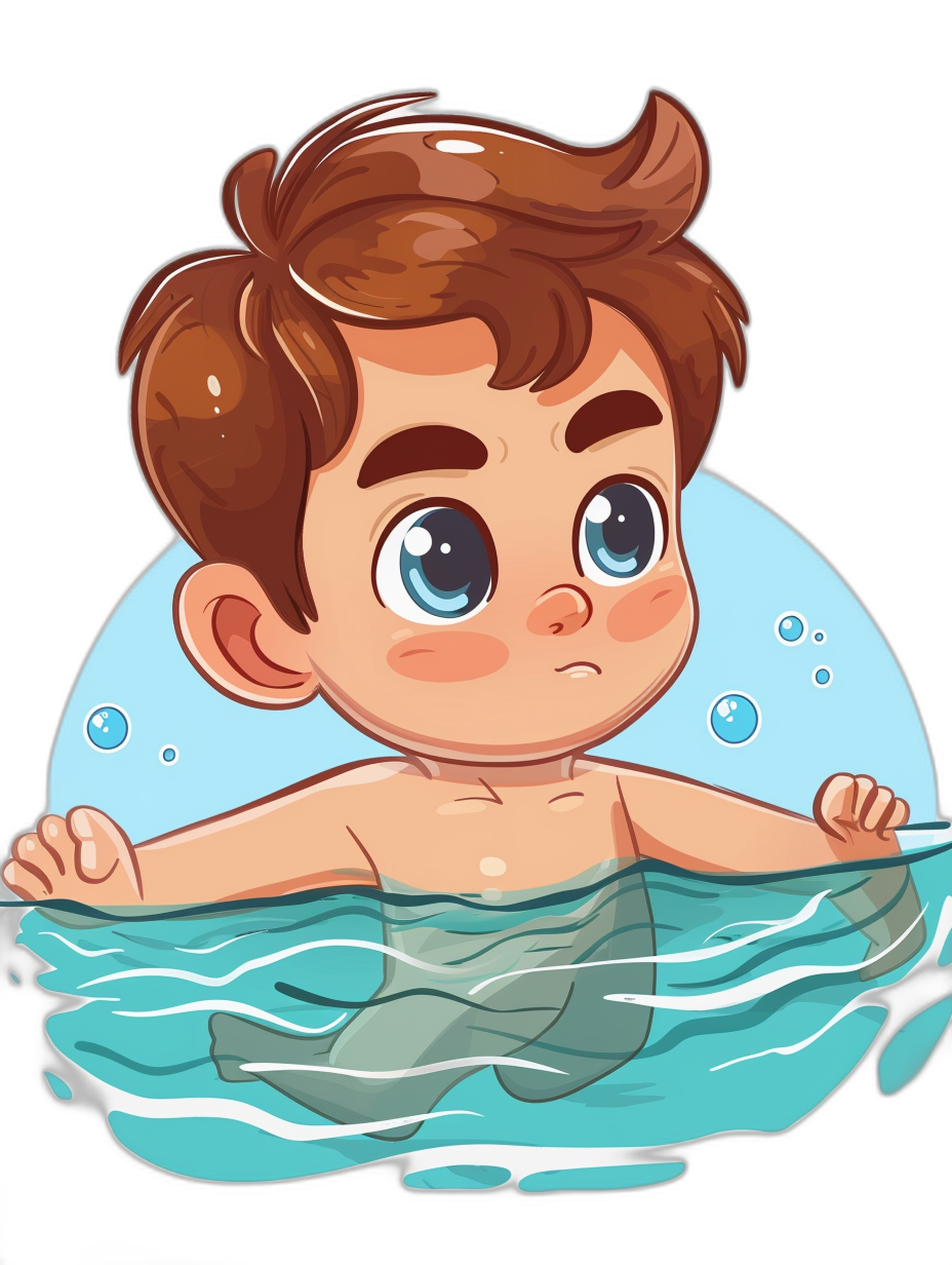 A cute cartoon avatar of an adorable little boy with brown hair, wearing swimming trunks and happily floating in the water. The background is black, creating a simple yet charming illustration style. This character has large eyes and long eyelashes that add to its cuteness. He exudes confidence as he floats on his back, showcasing vibrant colors and clear details., focus on face