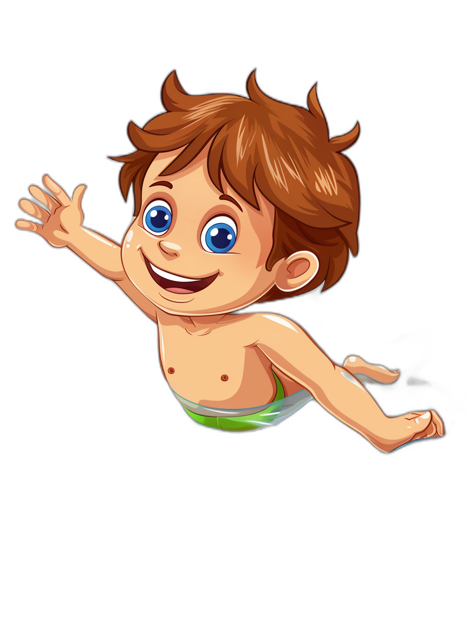 a cute cartoon of baby boy in swimming suit, brown hair and blue eyes smiling flying up on black background