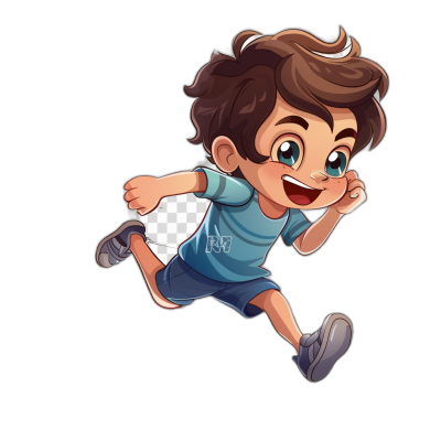 cartoon illustration of a happy boy running, wearing a blue t-shirt and shorts, with brown hair, against a black background, in a high resolution, professional photograph in the style of a vector style, with vibrant colors, with a white outline and a transparent png effect.