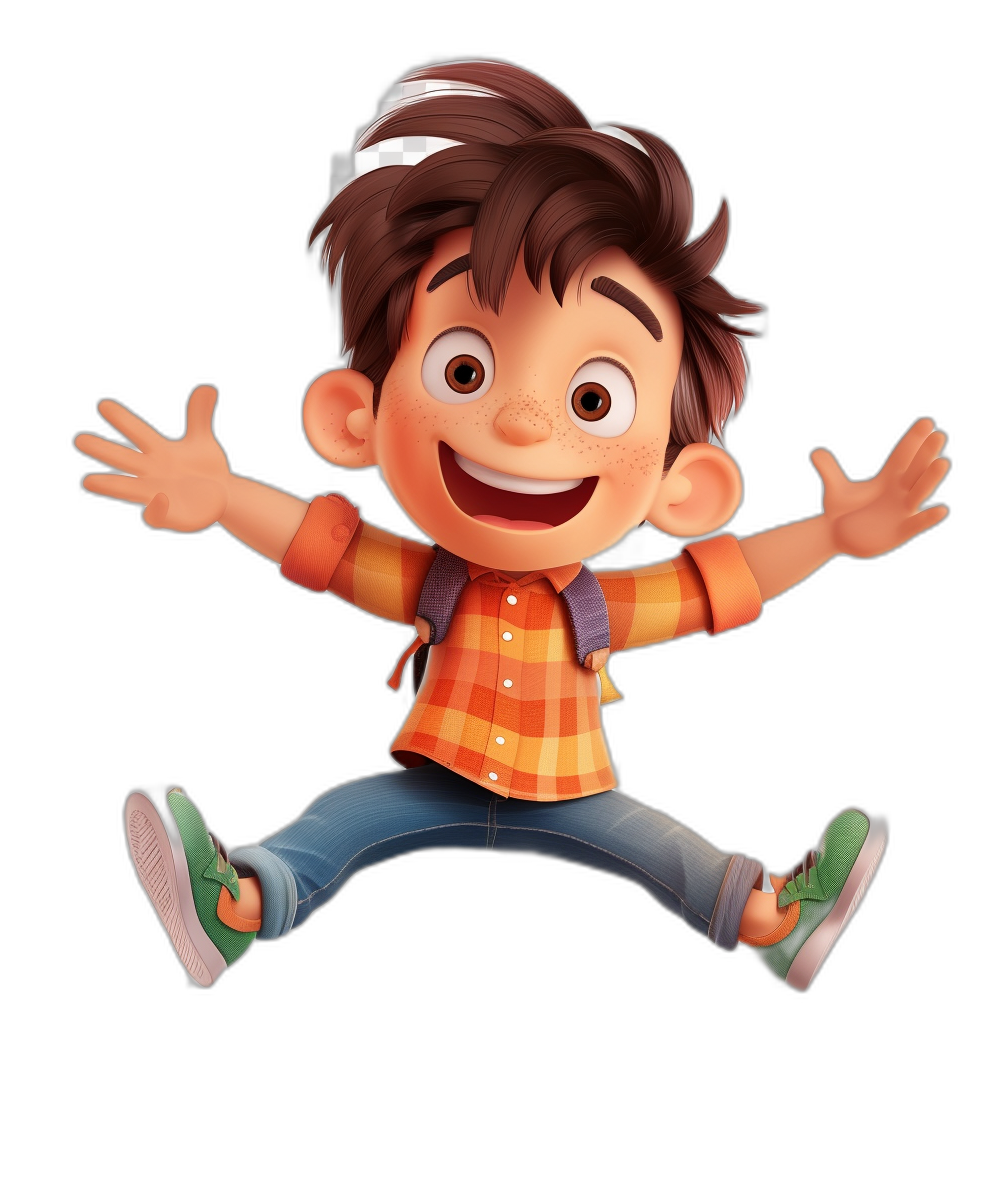 A cute cartoon boy with brown hair, wearing jeans and an orange plaid shirt is jumping up happily against a black background. The 3D rendering is in the style of Disney and Pixar animation with a character design and bright colors at a high resolution in the style of Disney and Pixar.