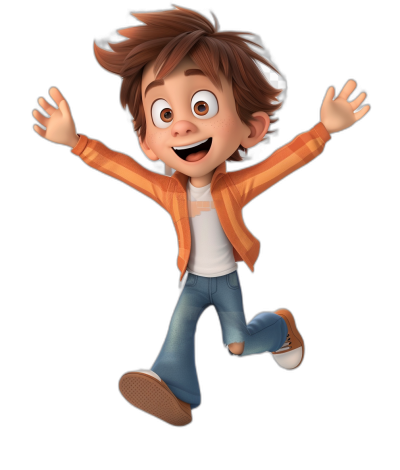 A cute boy, jumping up and down with a happy expression on his face, in the style of Pixar cartoon character design, a full body shot, on a black background, with brown hair, a white shirt, and an orange jacket, and jeans, in the style of Disney, high definition, high resolution, 3D rendering.