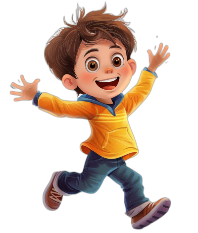 Illustration of a young boy with brown hair and a yellow shirt, blue jeans smiling and jumping in the air on a black background in the style of Pixar cartoon character design.