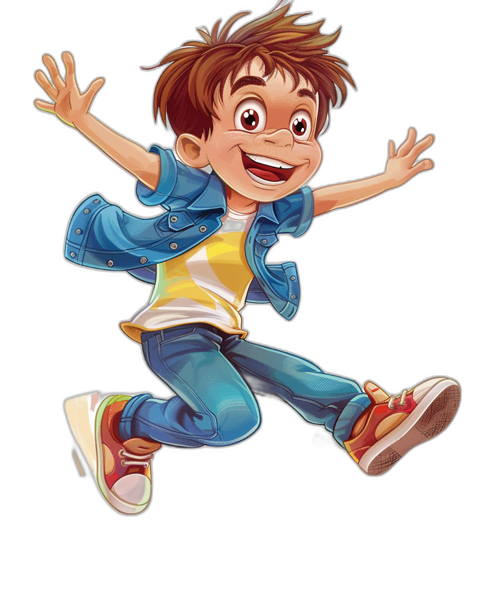 A boy jumping and smiling in a cartoon character design, wearing jeans, a t-shirt, and a blue jacket with brown hair in a colorful illustration for a children’s book on a black background at a high resolution.