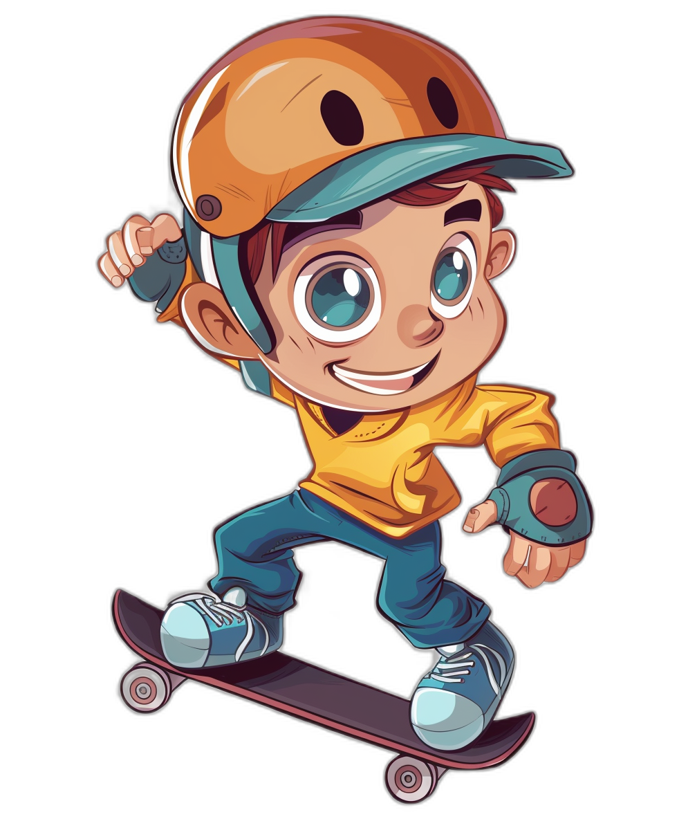 A cool cartoon boy with a helmet and skateboard in the style of clipart, isolated on a black background, 2D vector illustration for game art.