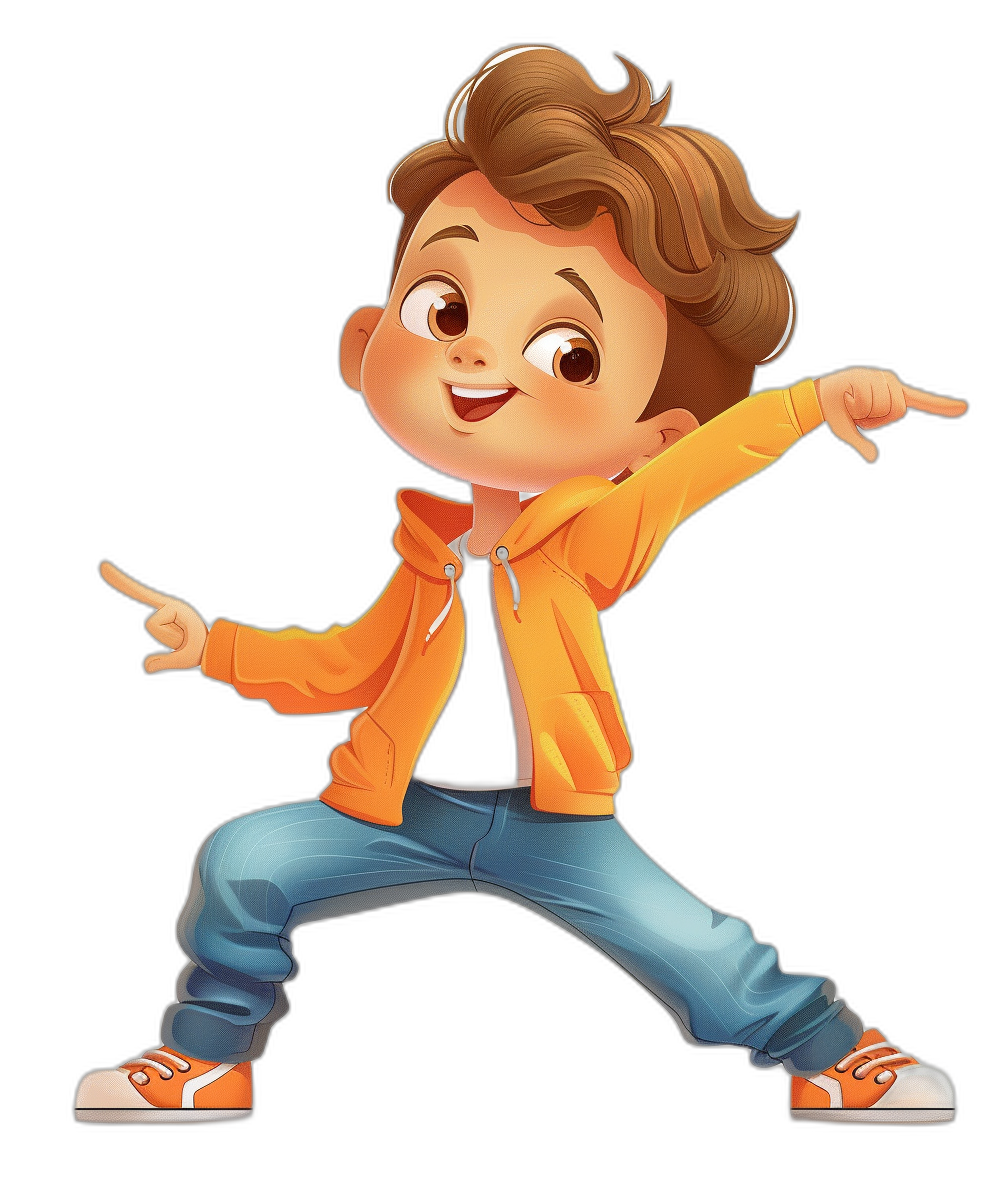 A cute boy, wearing an orange jacket and blue jeans with brown hair, doing random dance moves in the air in the style of Disney. The cartoon character design shows his full body portrait against a black background with bright colors and high resolution. There is no text or logo. The cute face features and lively movements are depicted along with colorful  details.