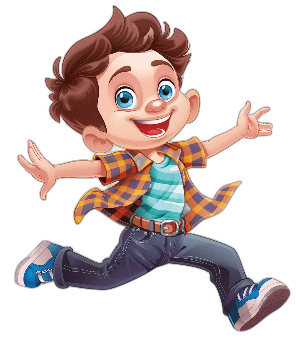 illustration of cartoon character boy with brown hair, blue eyes and smiling jumping on black background, wearing jeans pants , plaid shirt and sneakers, pixar style