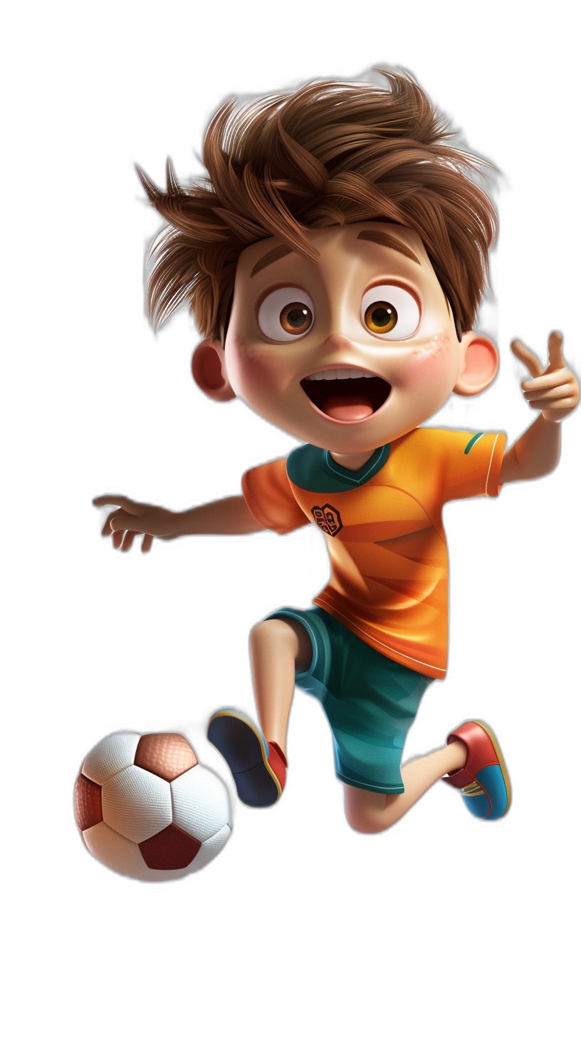 3D cartoon, happy little boy playing soccer, in the style of Pixar, adorable eyes, lovely, matte finishing, studio light, black background, hyper realistic, pastel colors
