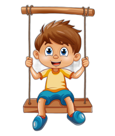 A cute cartoon boy sitting on the swing in the style of clip art style on an isolated black background.