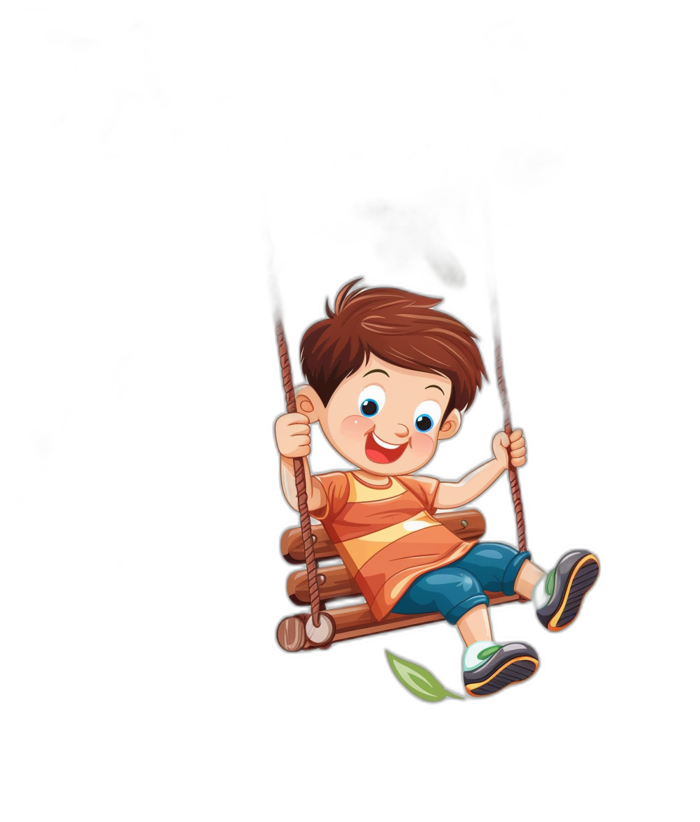 A cute cartoon boy is swinging on the swing, happy expression, black background, flat illustration style, simple lines and colors, cartoon character design, full body portrait, bright colors, high-definition details, high-quality images.