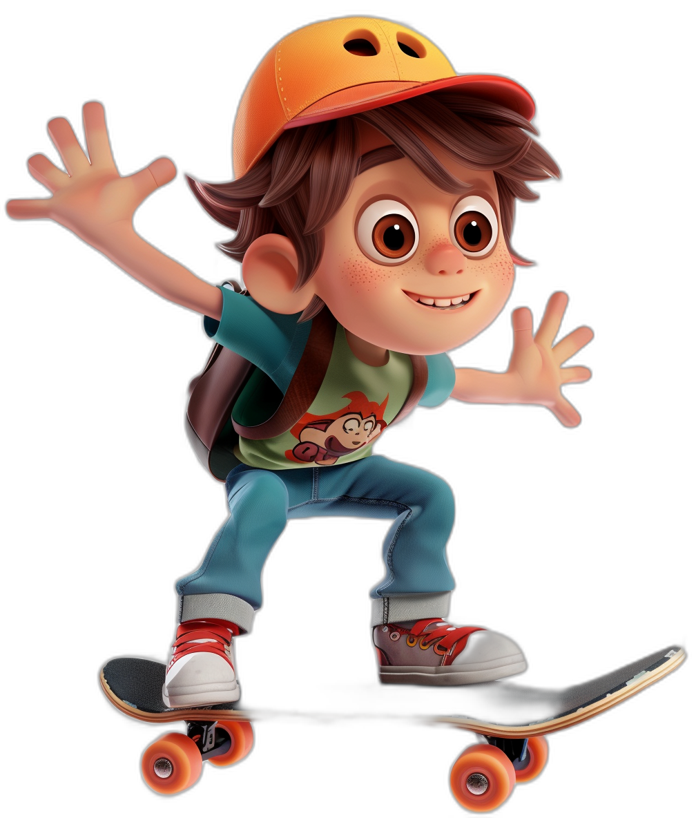 A cartoon boy with brown hair and an orange cap is skateboarding against a black background in a full body shot with a Pixar style character design.