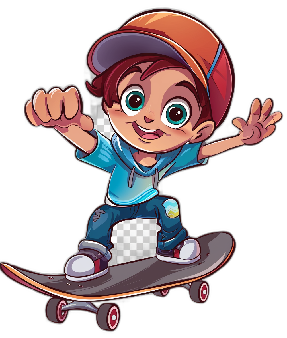 A cartoon-style boy character on a skateboard, in a clip art sticker style with a black background.