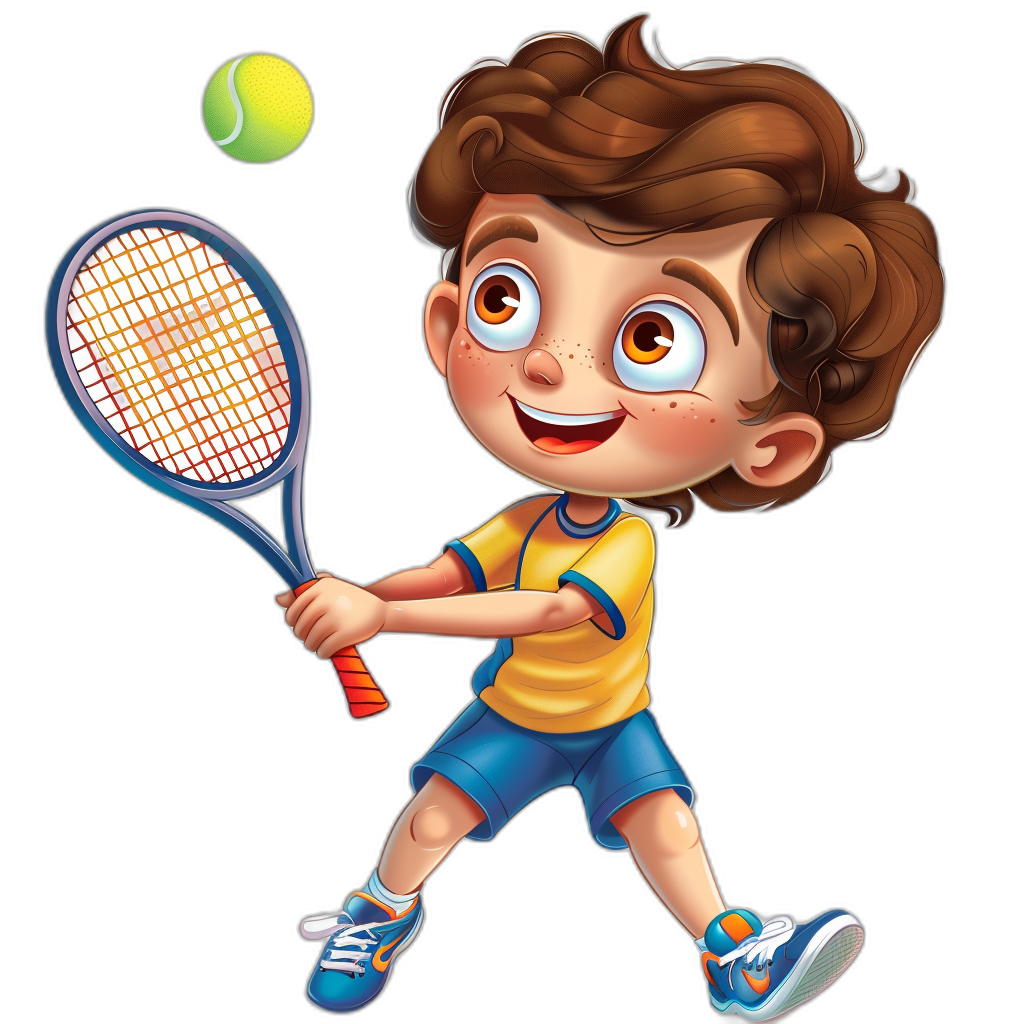 Cute cartoon boy playing tennis, vector illustration for a children’s book on a black background, colorful and playful design, detailed character with bright eyes, wearing a yellow t-shirt and blue shorts with white stripes, holding a red racket about to hit a ball. He has brown hair and freckles on his face. Black isolated background.