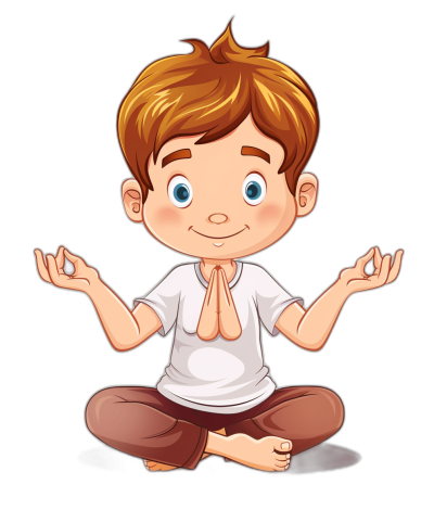cute little boy doing yoga in the style of cartoon style, white t-shirt with brown pants, isolated on black background, simple design, cute eyes, smiling face, sitting in lotus position, hands folded together