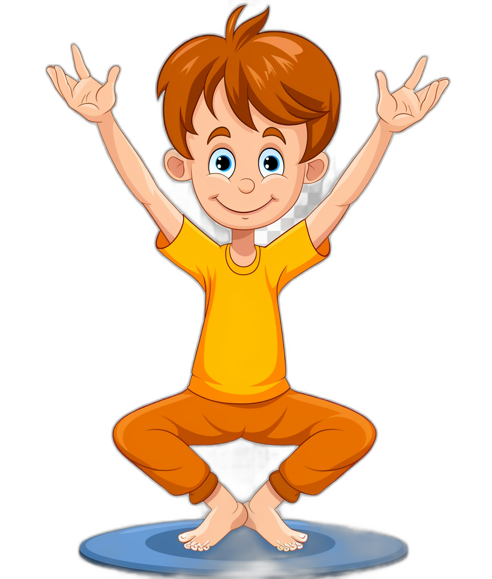 A cartoon of a happy boy doing yoga in the style of clip art, isolated on a black background in a full body shot.