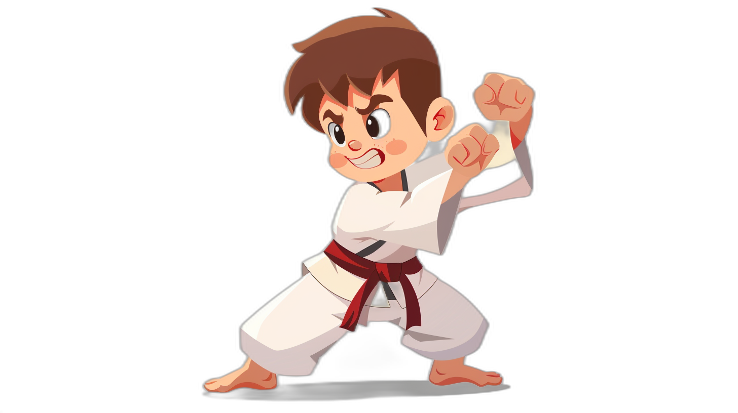 A cute little boy in a white karate outfit is depicted doing martial arts poses. The character has exaggerated features and large eyes, typical of the cartoon style. He has brown hair and wears a red belt around his waist against a black background.