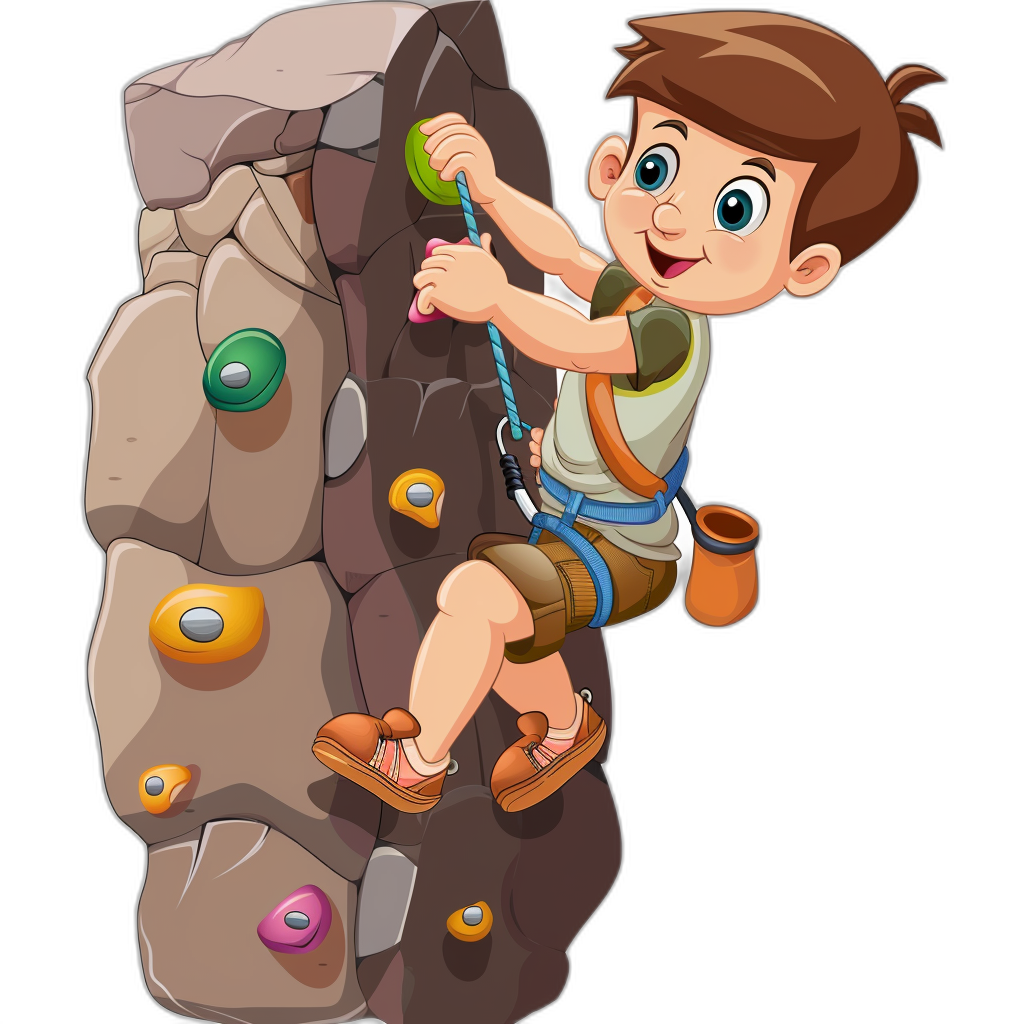 cute boy climbing a rock wall in a cartoon vector clip art style with a black background, in the style of a flat and colorful design, cute and dreamy, colorful illustrations, cute character designs for video games, simple and clean with no shadows on the body, cute boy climbing a rock wall cartoon vector clip art isolated on a white background, clip art for game graphics