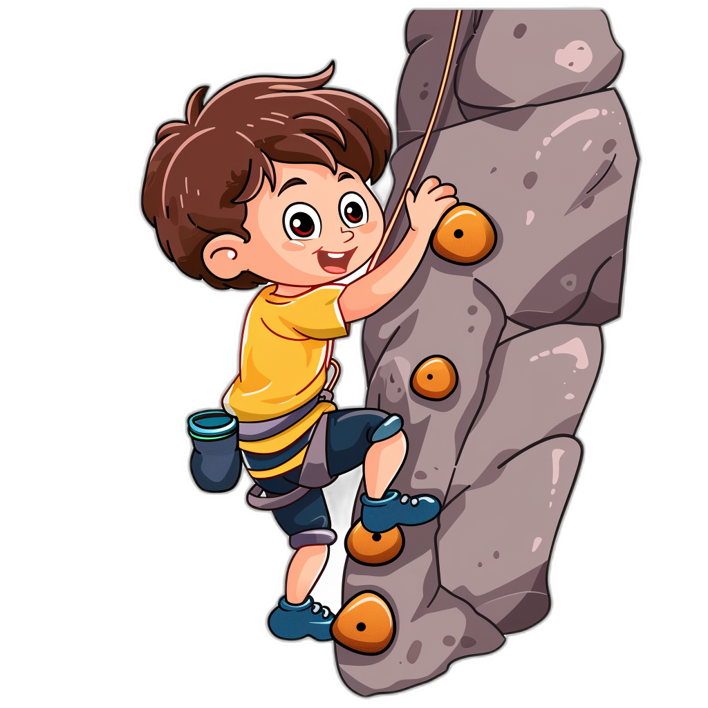 A cartoon boy climbing a rock wall in the style of clip art on a black background.