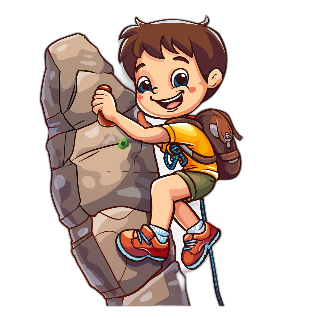 A cartoon of a happy boy climbing a rock in the style of clip art style, isolated on a black background, t-shirt design.