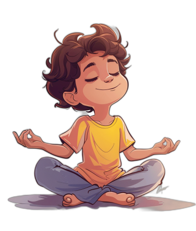 A cute little boy doing yoga, smiling and meditating with his eyes closed. The illustration is in a cartoon style, with bold lines and bright colors against a black background. He wears comfortable  such as a t-shirt or pants, and has brown hair. His posture was relaxed yet focused on the meditation pose. This scene conveys an atmosphere of calmness and well-being, focused on the face in the style of meditation.