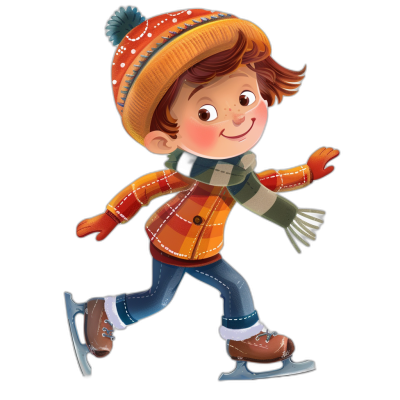 Cute cartoon boy skating, wearing winter  and hat, simple facial expressions, simple lines, black background, flat illustration style. He is smiling happily with his hand raised to show the details of his hands. The picture shows that he has brown hair and wears gloves on both sides. He was dressed in an orange jacket, blue jeans, green scarf around his neck and ice skates on his feet. In bright colors, he stood tall against the dark night sky in the style of .