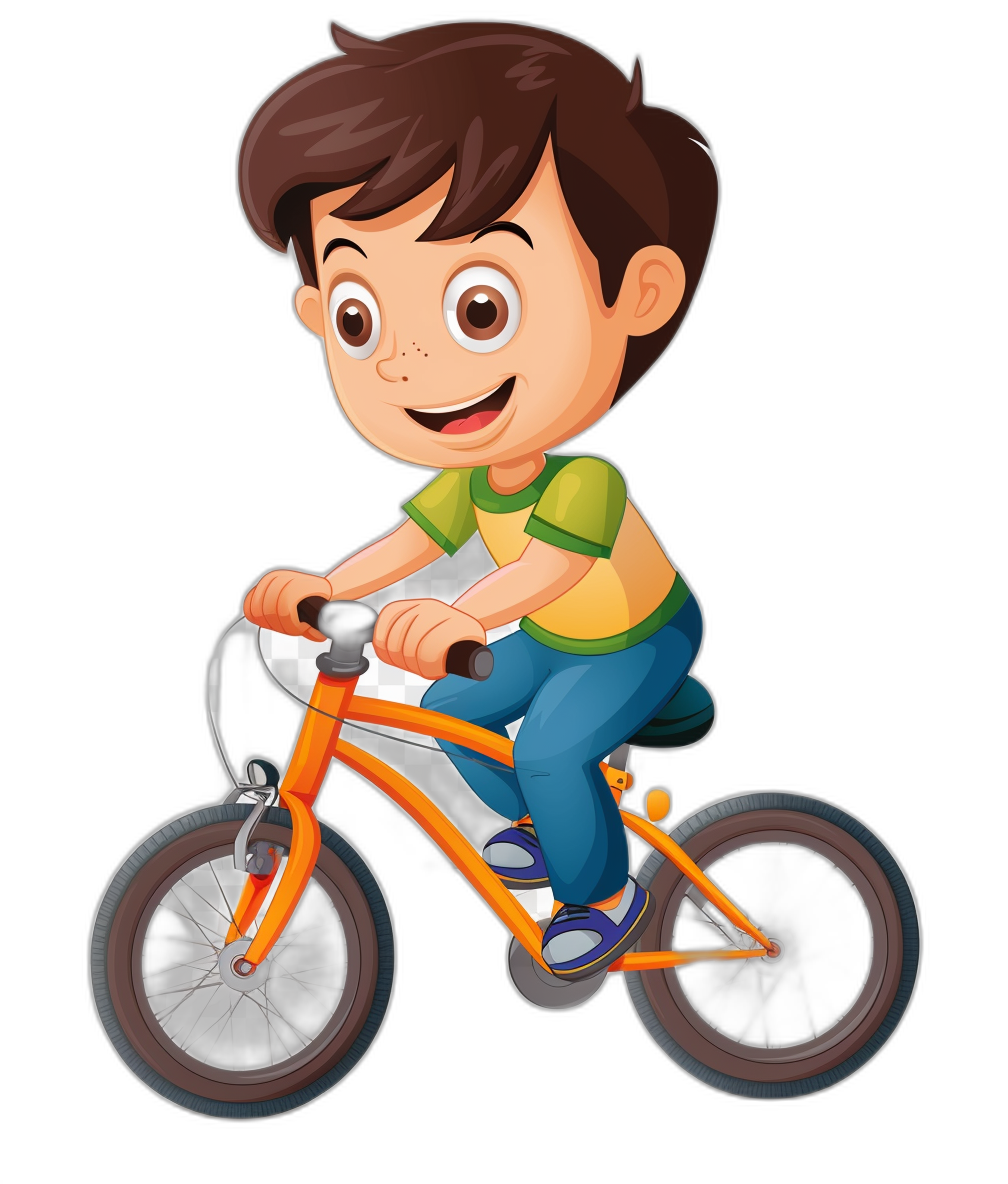 A cute cartoon boy riding an orange bike in a simple, flat illustration style with a black background and no shadow. The character is wearing blue jeans and a green t-shirt. He has brown hair and big eyes. There is a white line around the bicycle for easy coloring without shadows. In the front view of his face you can see he smiles while cycling happily. It creates a cheerful atmosphere that makes it suitable as clipart or an avatar.