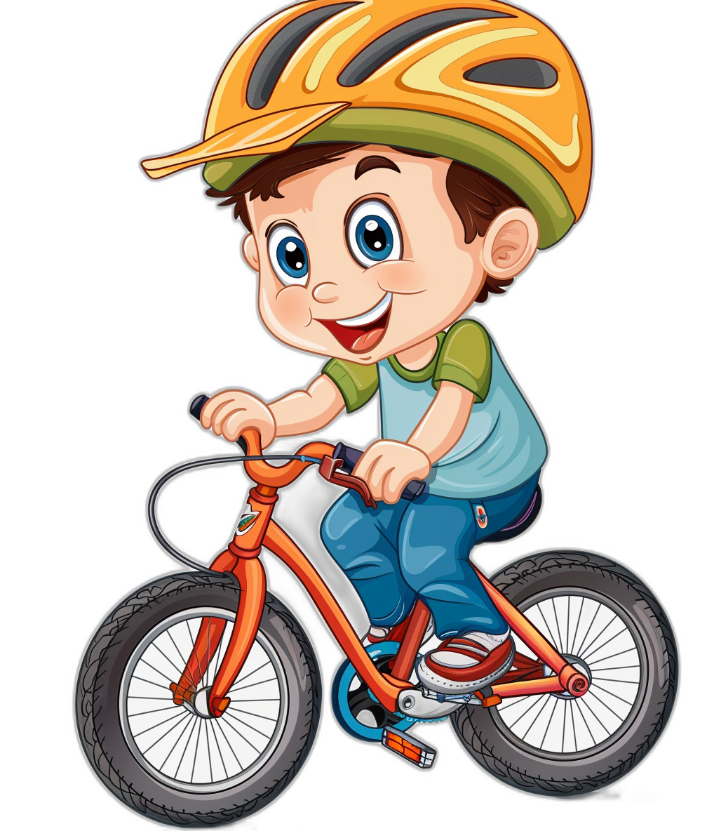 cartoon style, cute boy wearing a helmet and riding a bicycle, vector design on a black background, a happy facial expression, a colorful color combination, no text or logos in the picture, high resolution