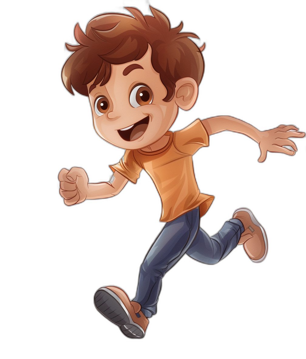 Cute cartoon boy running with a happy expression in a full body portrait against a black background in the simple style. He has brown hair in a short cut and is wearing casual  with big eyes and high definition details.