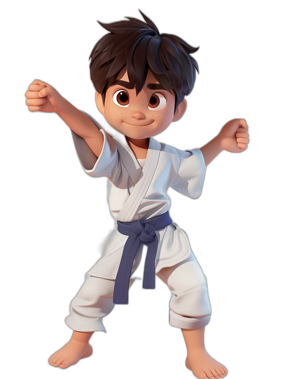 A young boy with dark brown hair in a white karate outfit and blue belt, doing a karate pose in the style of Jackie Chan, full body, in a cartoon style, in the Disney Pixar style, 3D character design, black background, white color on the , cute face features, cute eyes.