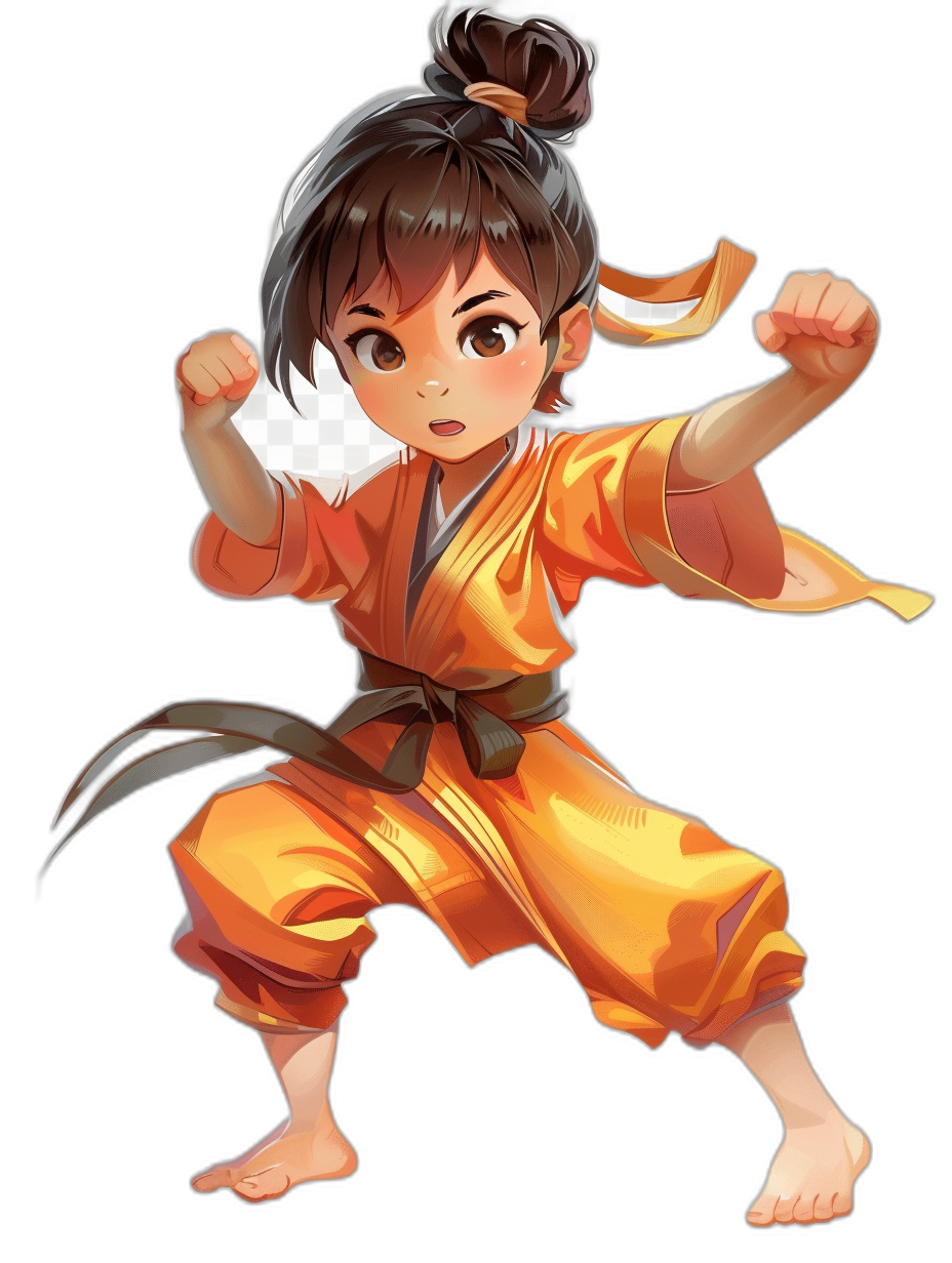 A young girl with dark brown hair in an orange martial arts outfit doing a karate kick in the style of an anime character design on a black background, cartoon, cute, chibi, high quality, high resolution, detailed eyes, detailed skin, detailed , full body portrait.