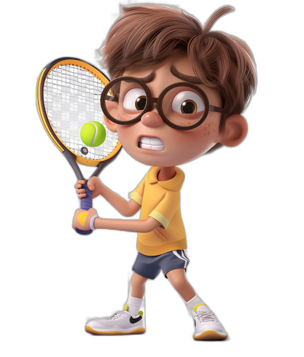 A cute little boy with glasses playing tennis, holding the racket in his right hand and hitting the ball with it, wearing yellow short sleeves and white shorts on black background, Pixar style, Disney cartoon characters, cartoon character design, high definition rendering, 3D modeling, cartoon rendering, clay material, solid color background.