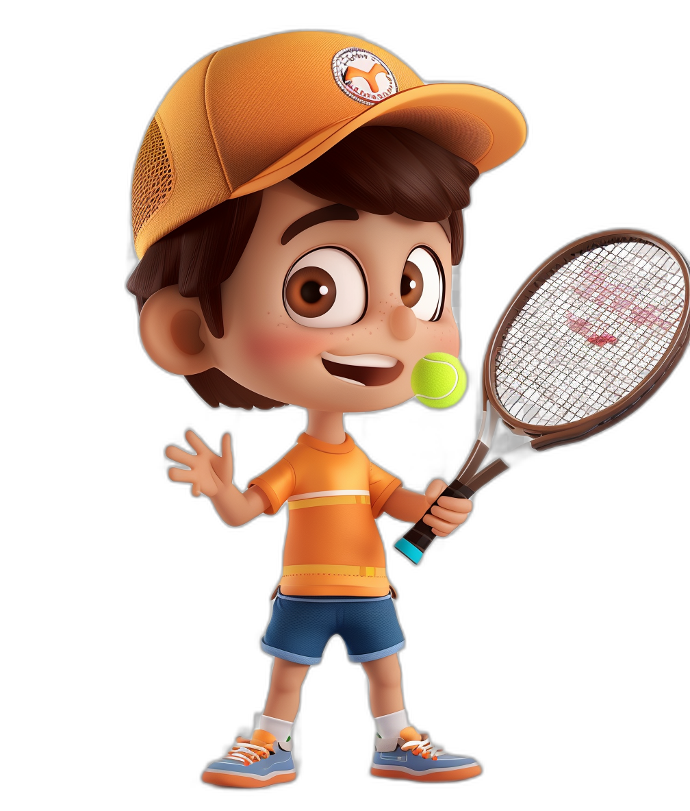 Cute cartoon boy playing tennis, wearing an orange cap and holding the racket in his hand, happy expression, full body portrait, black background, bright colors, in the style of Disney, in the style of Pixar animation, flat illustration, high definition details, high resolution photography, hyper-realistic