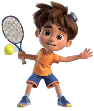 A cute boy playing tennis in a full body shot, in the style of Pixar, as a cartoon character wearing orange and blue  with brown hair, as a 3D rendering, against a white background, with no shadows, and a close-up of his face.