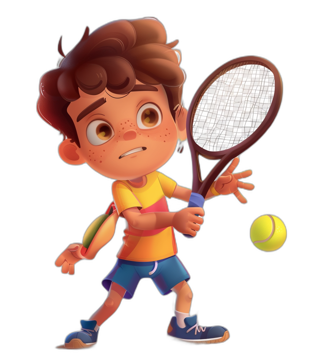 A cute little boy playing tennis in the style of Pixar, with a cartoon character design and holding a racket and ball in his hand, playing tennis in a cartoon illustration on a black background in the style of 2D game art.