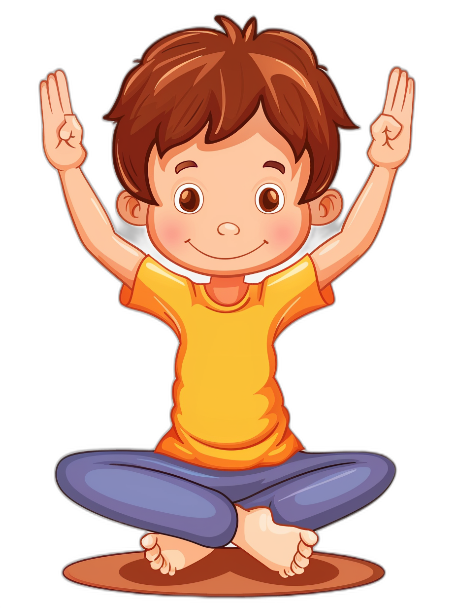 A cute cartoon vector illustration of a smiling little boy doing yoga, with his hands raised above his head in front view on a black background. The young man has brown hair and is wearing an orange t-shirt over blue pants, sitting cross-legged. He appears to be practicing poses from earthen warrior style yoga, showing peace or happiness while looking at something peaceful. Vector Illustration in the style of