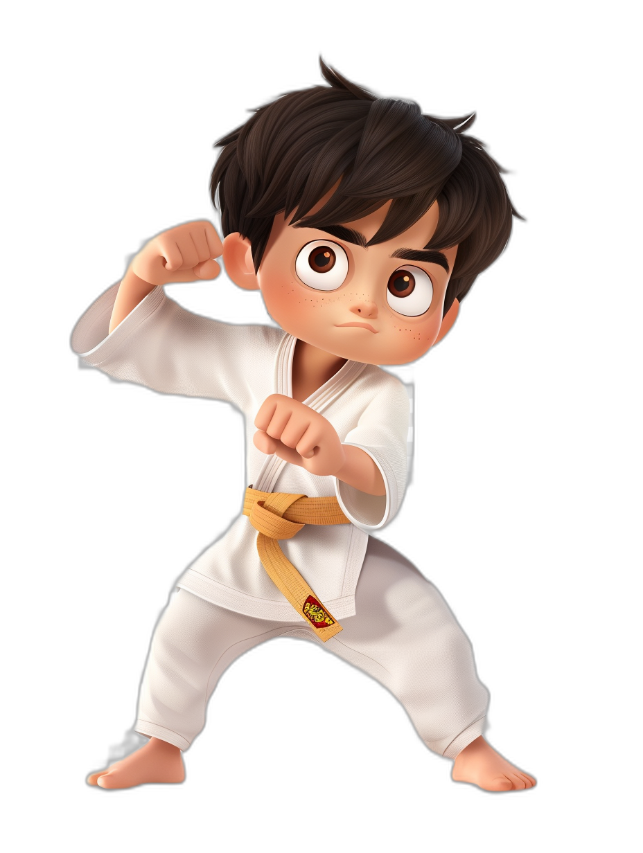 A young boy in a white karate outfit with brown hair and big eyes doing martial arts poses in the style of Pixar’s character design with a black background as the full body is shown.