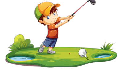 Cute cartoon boy playing golf in the style of clip art, simple design, vector illustration with a black background and a golf course in the back ground. The ball and club are on the grass near him in the style of a cartoon character with a simple line drawing and vector graphics with flat colors and simple shapes at a high resolution with high quality and high detail. The design has perfect lines, perfect proportions and a cartoon style.