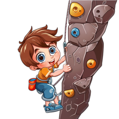 cartoon of a cute boy climbing a rock wall, in a clip art style cartoon illustration on a black background