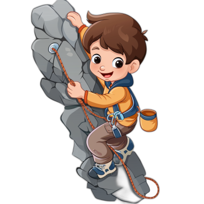 A cartoon boy climbing a rock wall in the style of clip art on a black background.