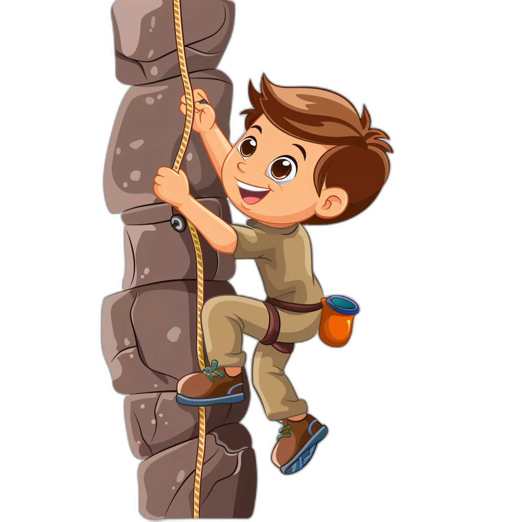 A cartoon vector illustration of an adventurous boy climbing on rocks, wearing safari  and holding ropes in the style of clip art with a black background.