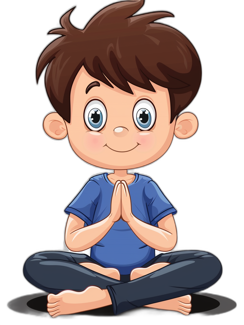 A cute cartoon boy doing yoga in a simple drawing style with a black background. The little man has brown hair and blue eyes wearing dark gray pants and a light purple shirt. He is sitting cross-legged in the lotus position, with his body facing forward and his hands clasped together on top of each other. His expression was calm as he engaged in meditation, with a focus on his face.