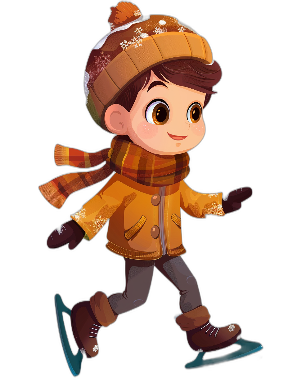 A cute little boy ice skating, wearing winter  and hat, in the style of cartoon style with black background, in the style of Disney Pixar animation. He has big eyes and brown hair, dressed in warm  such as an orange coat, scarf around his neck, gloves on hands to keep him from getting cold, he is smiling happily while gliding across the rink. The overall color scheme of his outfit is vibrant, with bright colors like red or yellow, creating a lively atmosphere. Full body shot. High resolution.