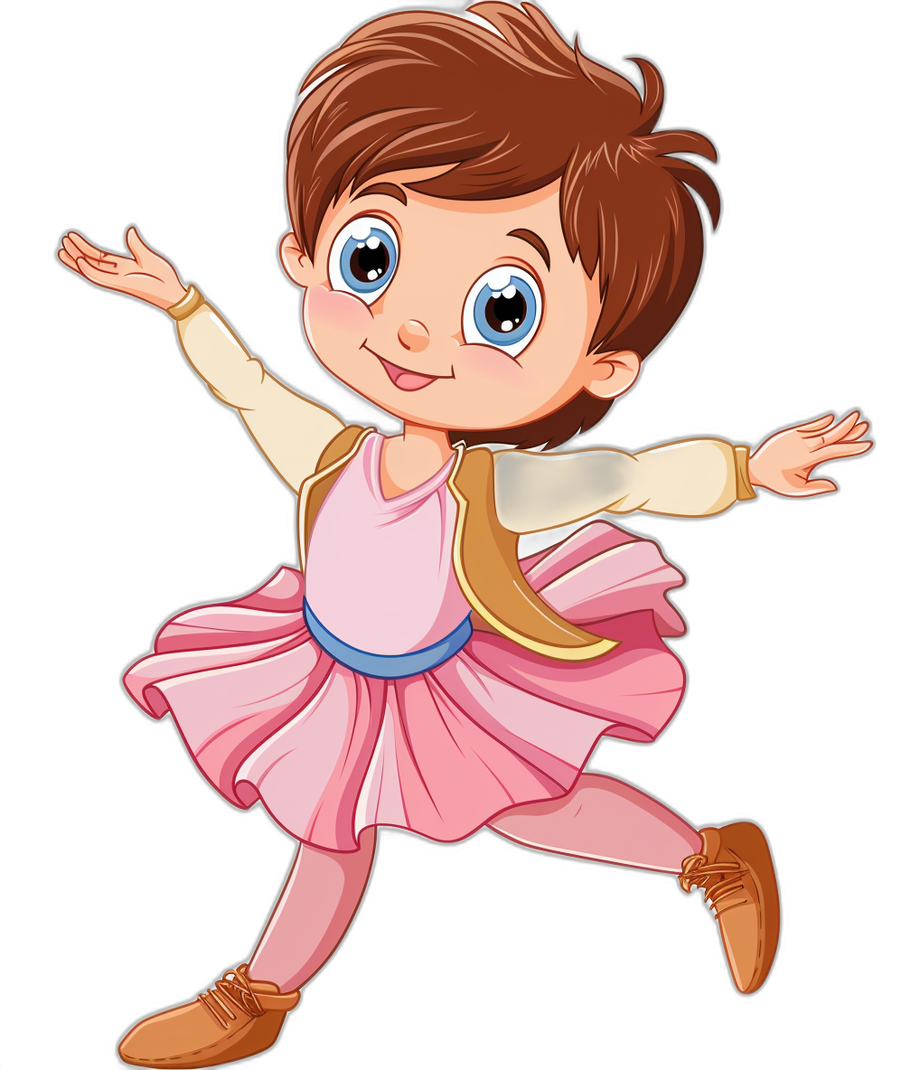 A cute little girl ballet dancer in the style of Dora from the Disney cartoon. Vector art clipart on a black background. She wears a pink dress and tan jacket with blue accents. She has short brown hair and white skin.