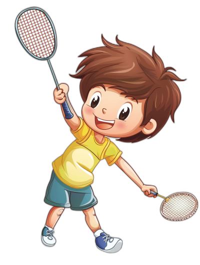 A cute happy little boy playing badminton in a cartoon style, vector illustration with a black background. The character is wearing a yellow t-shirt and blue shorts. He has brown hair. He's holding the racket in his right hand ready to hit the ball. There should be no other elements or characters on the screen except for him and the sport equipment. Make sure that all details of his  such as colors, patterns, textures look realistic and detailed.