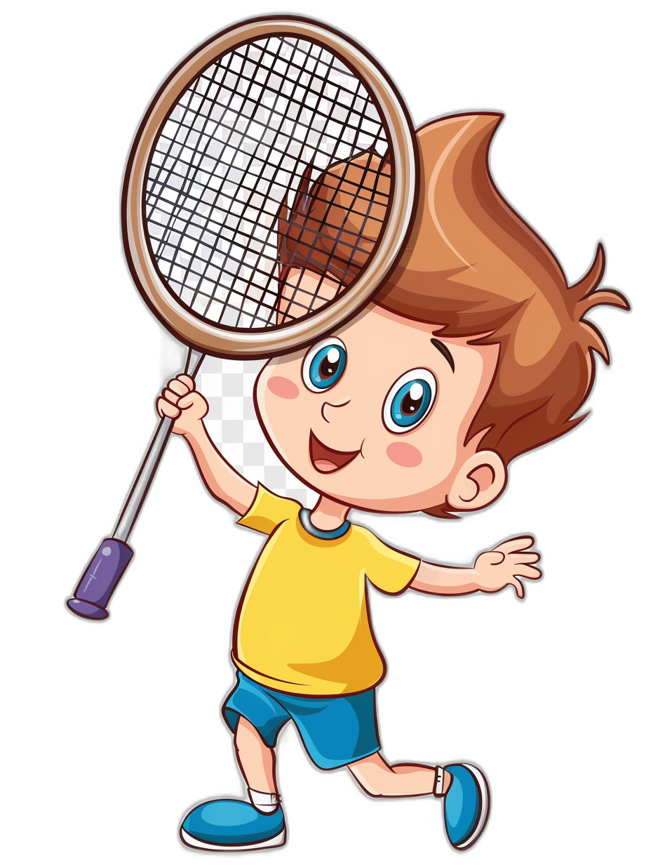 cartoon vector of little boy playing badminton, isolated on black background