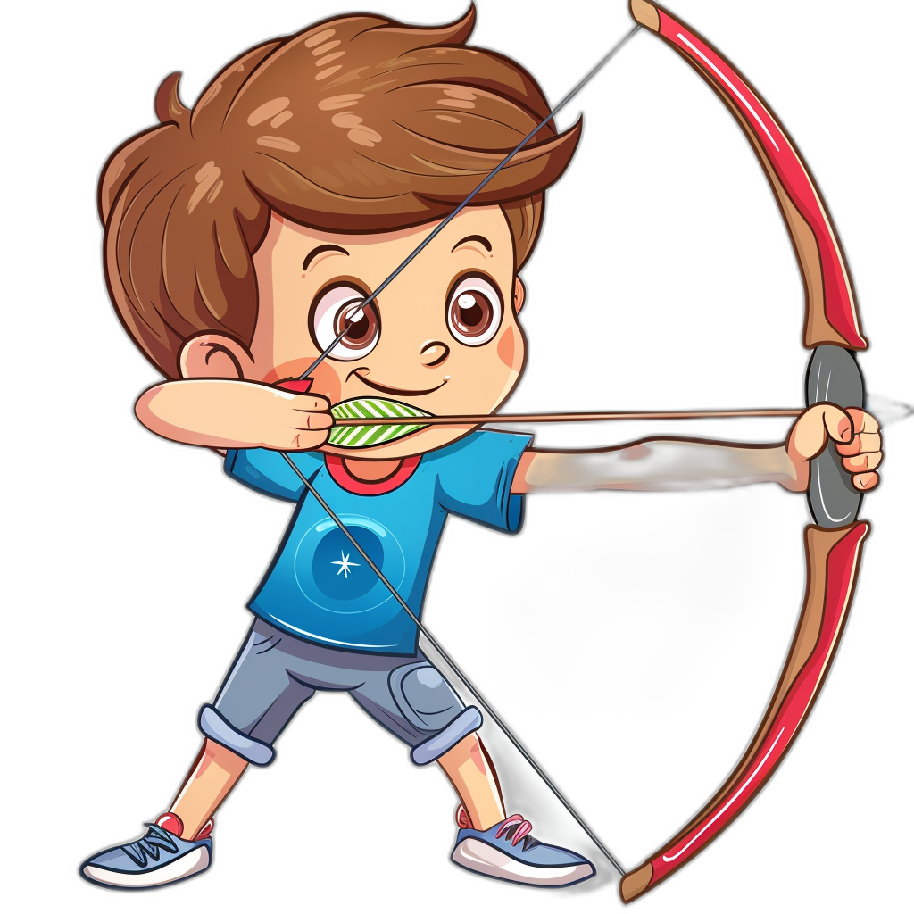 a cartoon clip art of an archer boy with brown hair wearing blue shirt and grey short pants, shooting bow on black background
