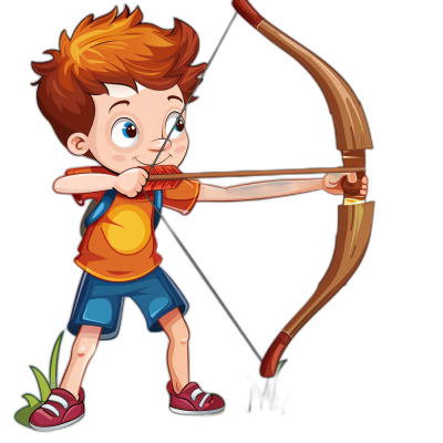 A cartoon of an archer boy with red hair, wearing blue shorts and an orange shirt is shooting his bow isolated on a black background. The vector illustration is in the style of a sticker with award winning detailed architecture portrayed in black and white as a full body portrait.