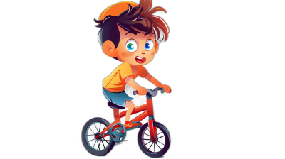 A cute cartoon boy riding a bicycle against a black background in a simple, flat illustration style using warm colors. The 2D design is a full body shot with bright, vivid color tones and vibrant colors resembling colorful animation stills with bold lines in the style of Pixar.