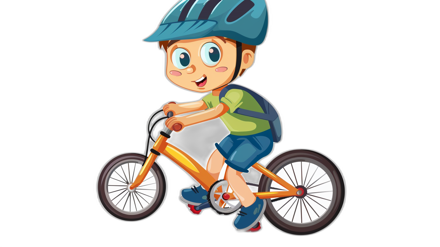 A cute cartoon boy is riding his bike in the style of a vector illustration with simple lines and solid colors on a black background, without shadows or gradient effects. The cute design could be used for a children’s book cover. The character has a blue helmet and green shirt. His shoes have white laces. He rides an orange bicycle with two wheels. The background is black. It is a vector illustration without shading, shadows, or gradients. Flat color blocks are used without detailing.